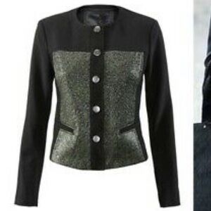 CAbi Mixed Media Black Green Shimmer Accent Button Down Blazer #3036 Size M